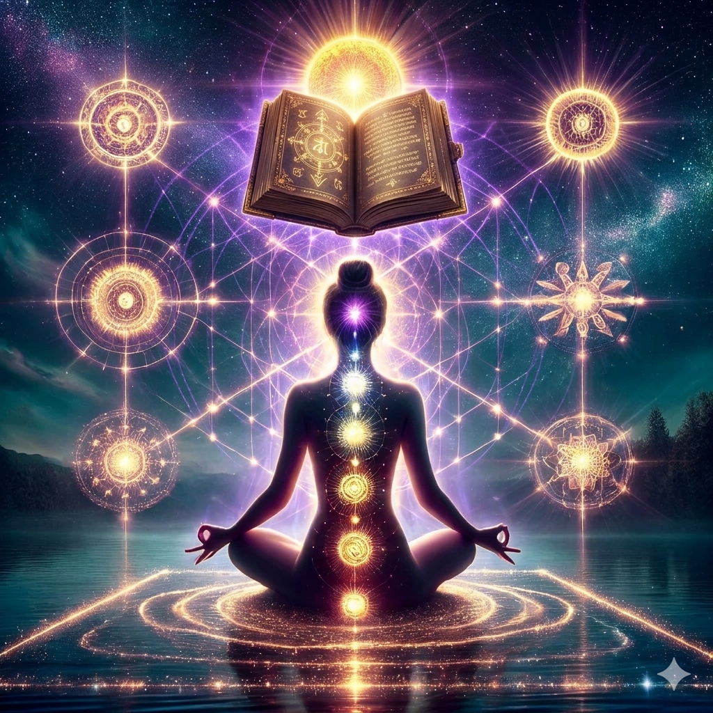 mujer meditando con sus siente charkas activados, tiene un libro sobre su cabeza que representan los registros akáshicos y vidas pasadas, está en un entorno cosmico. imagen ilustrada por inteligencia artificial